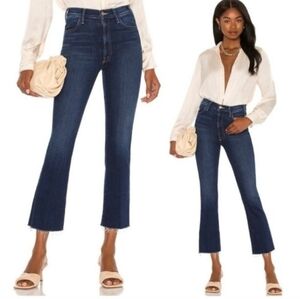 MOTHER The Hustler Ankle Fray Jeans Home Movies Dark Wash High Rise Crop Flare